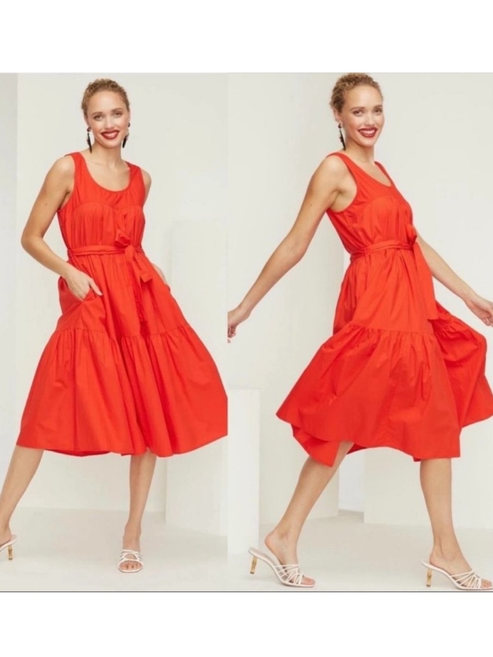 Roller Rabbit Coley Tiered Belted Midi Dress Pockets 100% Cotton Red Sundress XL